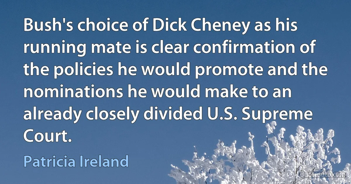 Bush's choice of Dick Cheney as his running mate is clear confirmation of the policies he would promote and the nominations he would make to an already closely divided U.S. Supreme Court. (Patricia Ireland)