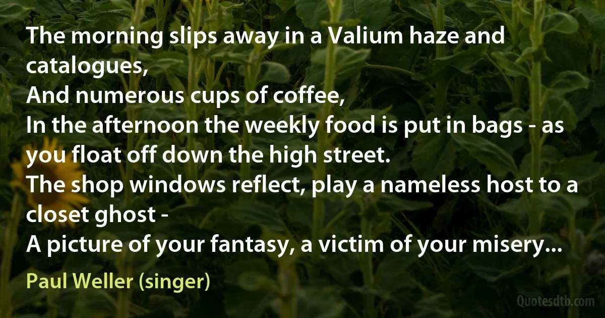 The morning slips away in a Valium haze and catalogues,
And numerous cups of coffee,
In the afternoon the weekly food is put in bags - as you float off down the high street.
The shop windows reflect, play a nameless host to a closet ghost -
A picture of your fantasy, a victim of your misery... (Paul Weller (singer))