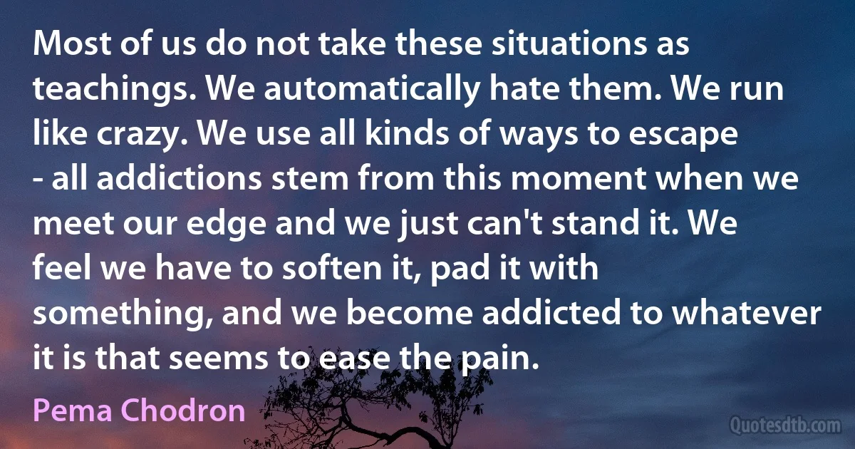 Most of us do not take these situations as teachings. We automatically hate them. We run like crazy. We use all kinds of ways to escape - all addictions stem from this moment when we meet our edge and we just can't stand it. We feel we have to soften it, pad it with something, and we become addicted to whatever it is that seems to ease the pain. (Pema Chodron)