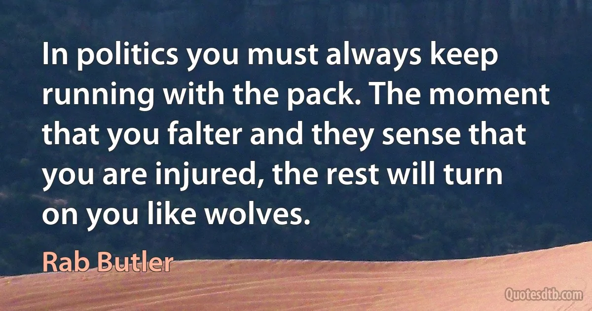 In politics you must always keep running with the pack. The moment that you falter and they sense that you are injured, the rest will turn on you like wolves. (Rab Butler)