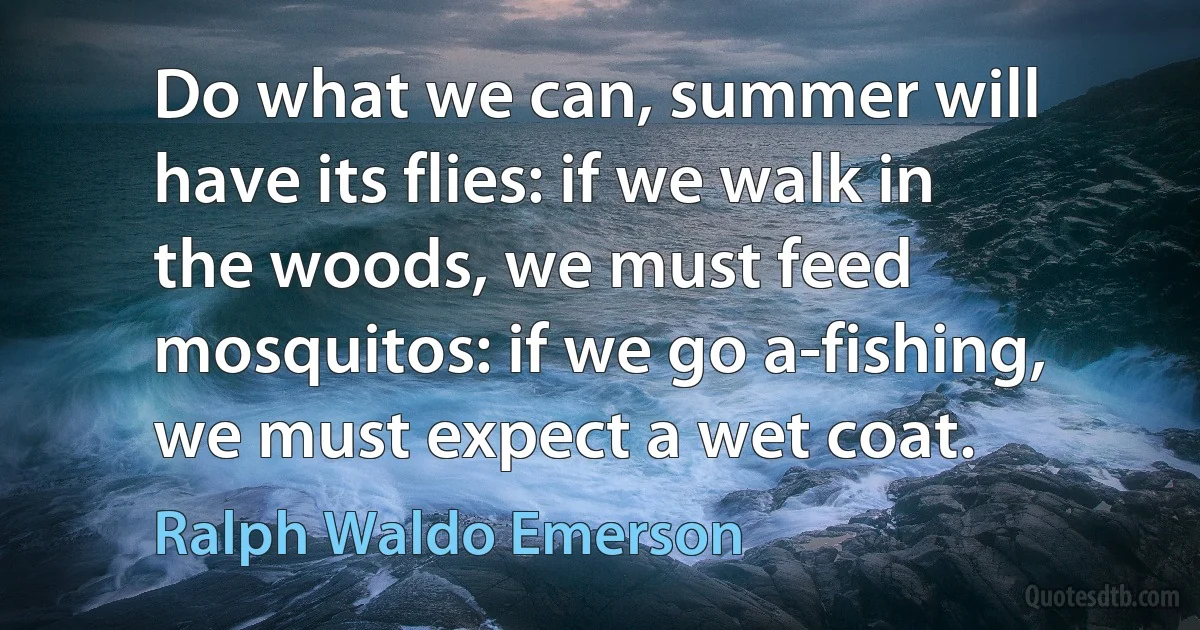 Do what we can, summer will have its flies: if we walk in the woods, we must feed mosquitos: if we go a-fishing, we must expect a wet coat. (Ralph Waldo Emerson)