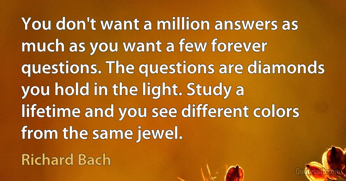 You don't want a million answers as much as you want a few forever questions. The questions are diamonds you hold in the light. Study a lifetime and you see different colors from the same jewel. (Richard Bach)