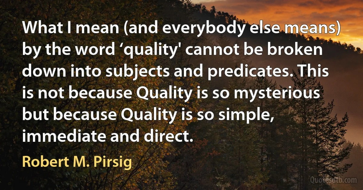 What I mean (and everybody else means) by the word ‘quality' cannot be broken down into subjects and predicates. This is not because Quality is so mysterious but because Quality is so simple, immediate and direct. (Robert M. Pirsig)