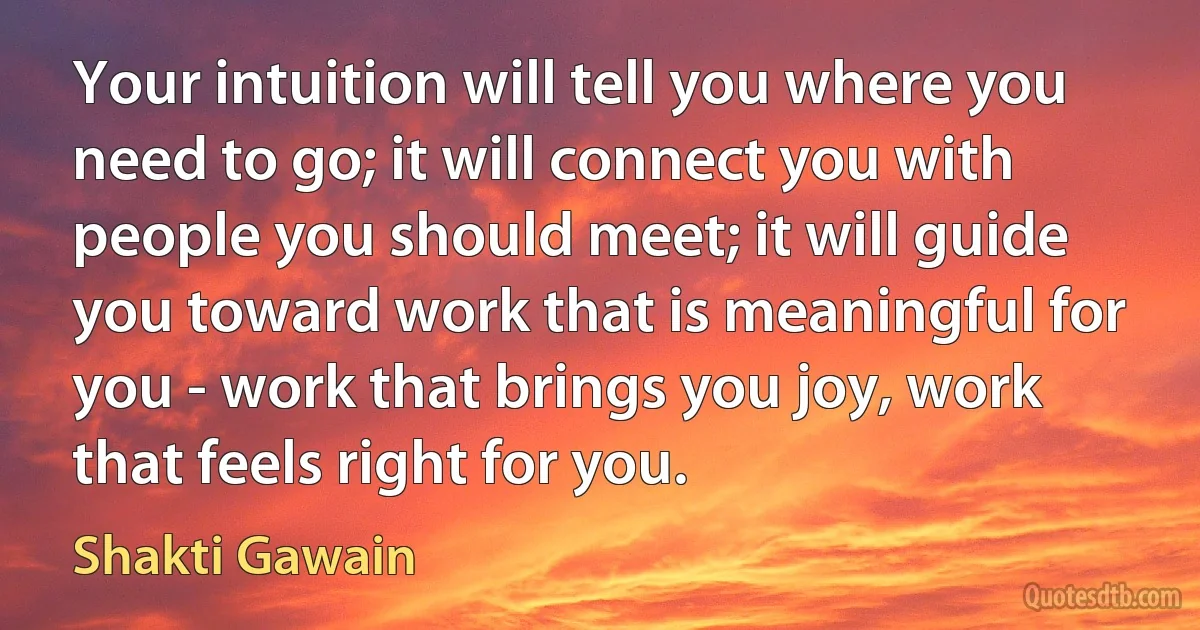 Your intuition will tell you where you need to go; it will connect you with people you should meet; it will guide you toward work that is meaningful for you - work that brings you joy, work that feels right for you. (Shakti Gawain)