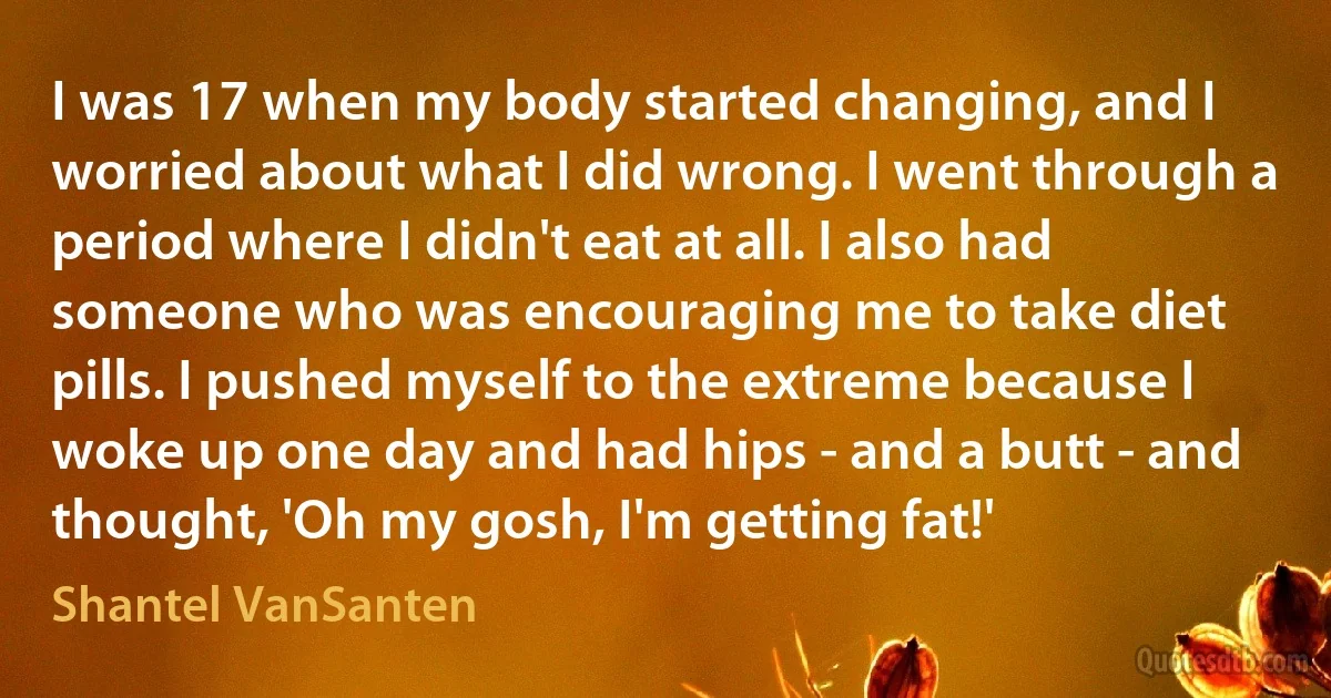 I was 17 when my body started changing, and I worried about what I did wrong. I went through a period where I didn't eat at all. I also had someone who was encouraging me to take diet pills. I pushed myself to the extreme because I woke up one day and had hips - and a butt - and thought, 'Oh my gosh, I'm getting fat!' (Shantel VanSanten)