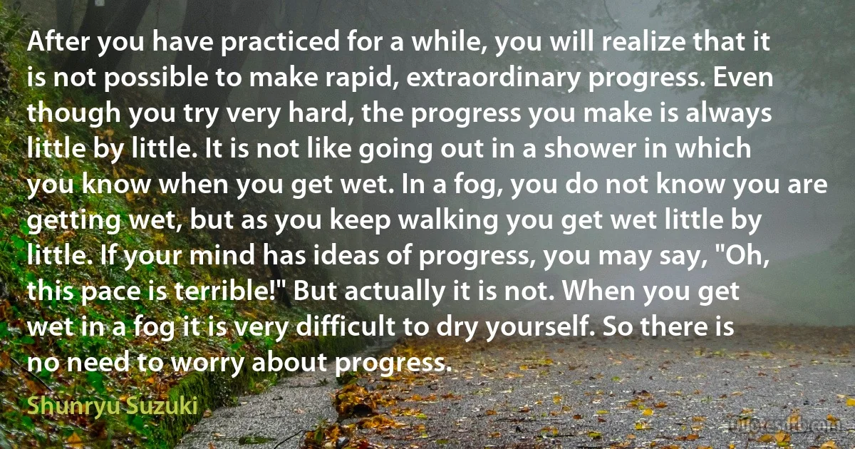 After you have practiced for a while, you will realize that it is not possible to make rapid, extraordinary progress. Even though you try very hard, the progress you make is always little by little. It is not like going out in a shower in which you know when you get wet. In a fog, you do not know you are getting wet, but as you keep walking you get wet little by little. If your mind has ideas of progress, you may say, "Oh, this pace is terrible!" But actually it is not. When you get wet in a fog it is very difficult to dry yourself. So there is no need to worry about progress. (Shunryu Suzuki)