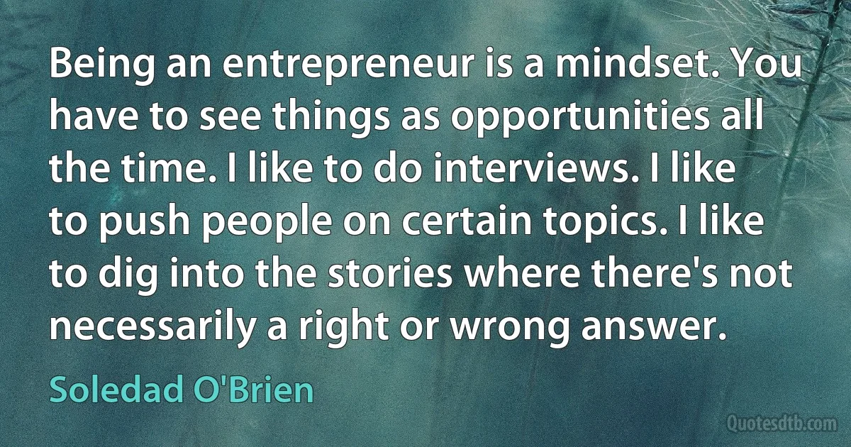 Being an entrepreneur is a mindset. You have to see things as opportunities all the time. I like to do interviews. I like to push people on certain topics. I like to dig into the stories where there's not necessarily a right or wrong answer. (Soledad O'Brien)