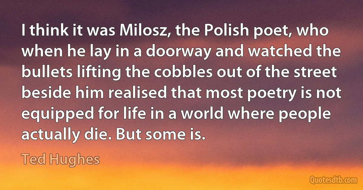 I think it was Milosz, the Polish poet, who when he lay in a doorway and watched the bullets lifting the cobbles out of the street beside him realised that most poetry is not equipped for life in a world where people actually die. But some is. (Ted Hughes)