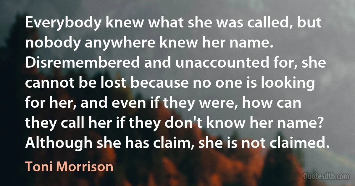 Everybody knew what she was called, but nobody anywhere knew her name. Disremembered and unaccounted for, she cannot be lost because no one is looking for her, and even if they were, how can they call her if they don't know her name? Although she has claim, she is not claimed. (Toni Morrison)