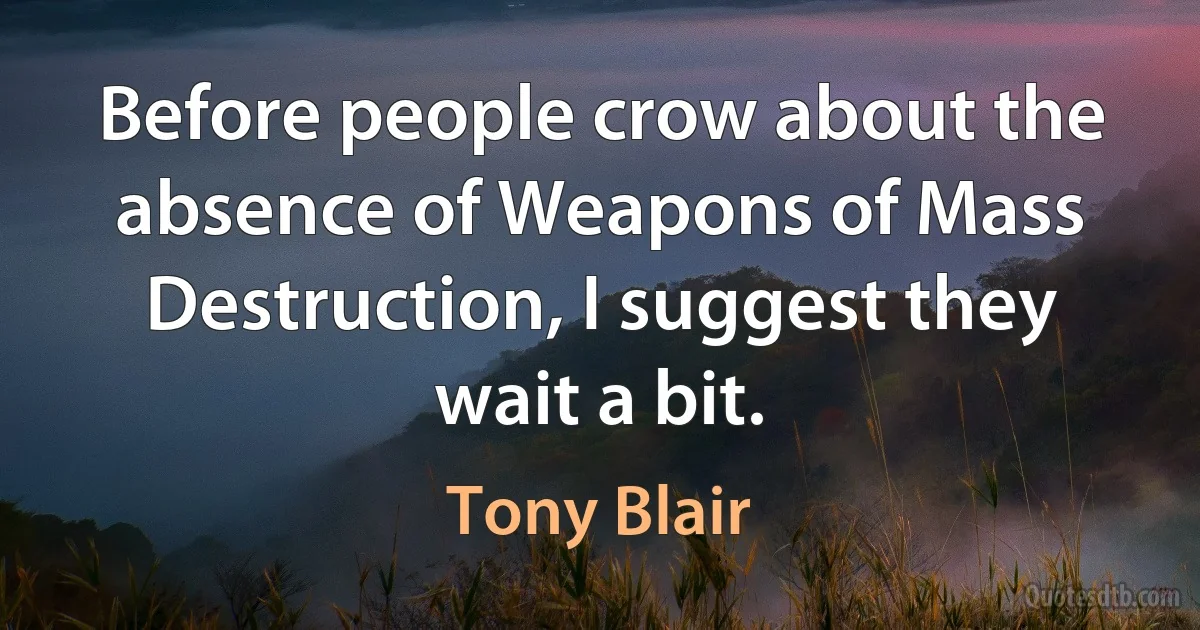 Before people crow about the absence of Weapons of Mass Destruction, I suggest they wait a bit. (Tony Blair)