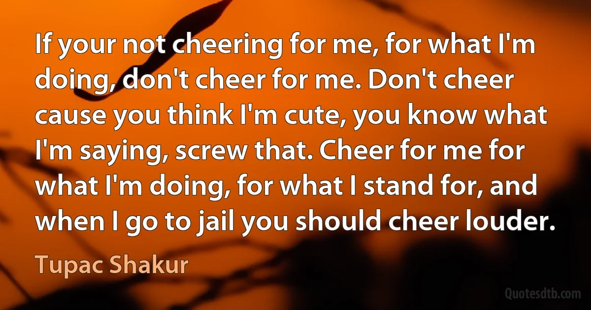 If your not cheering for me, for what I'm doing, don't cheer for me. Don't cheer cause you think I'm cute, you know what I'm saying, screw that. Cheer for me for what I'm doing, for what I stand for, and when I go to jail you should cheer louder. (Tupac Shakur)