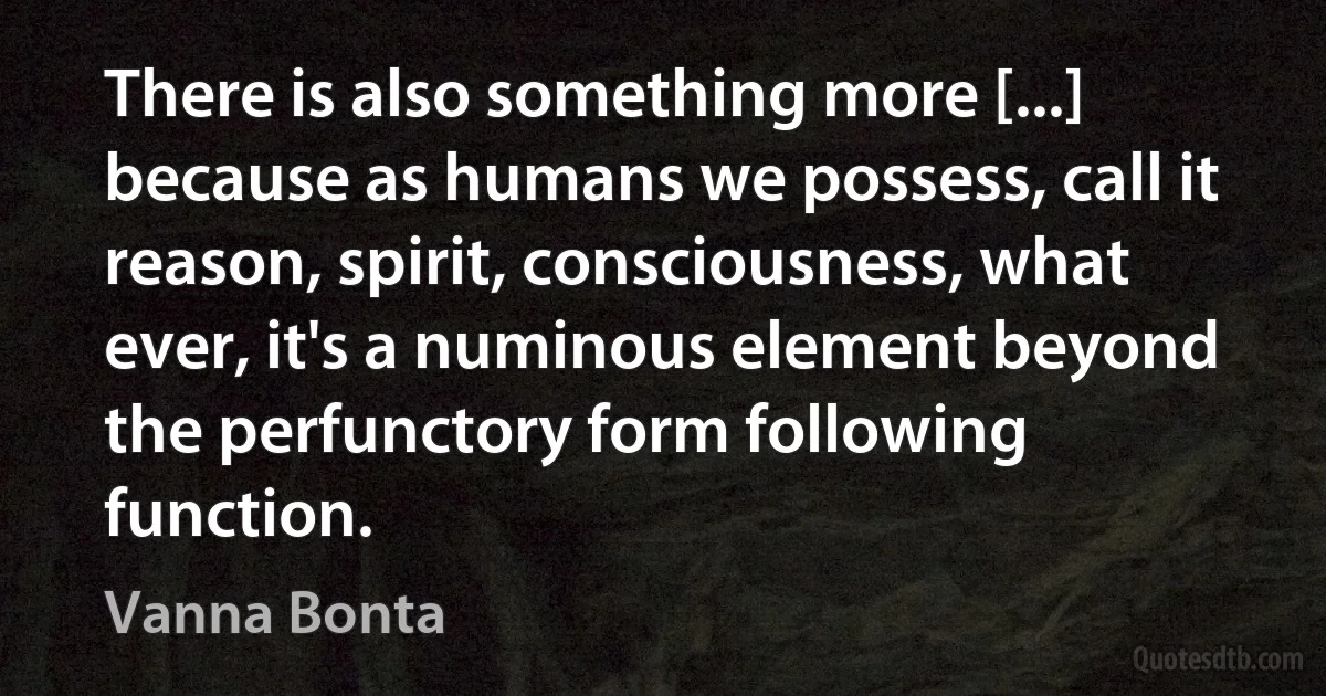 There is also something more [...] because as humans we possess, call it reason, spirit, consciousness, what ever, it's a numinous element beyond the perfunctory form following function. (Vanna Bonta)