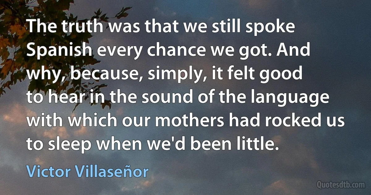 The truth was that we still spoke Spanish every chance we got. And why, because, simply, it felt good to hear in the sound of the language with which our mothers had rocked us to sleep when we'd been little. (Victor Villaseñor)