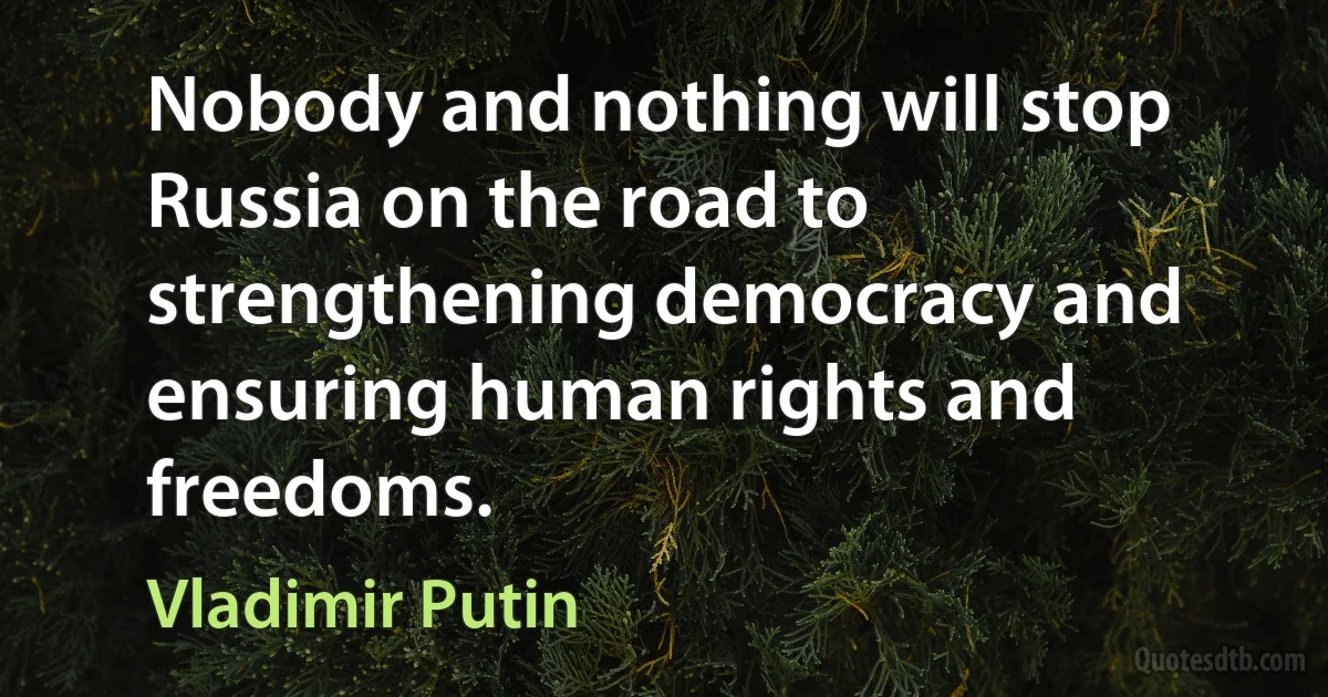 Nobody and nothing will stop Russia on the road to strengthening democracy and ensuring human rights and freedoms. (Vladimir Putin)