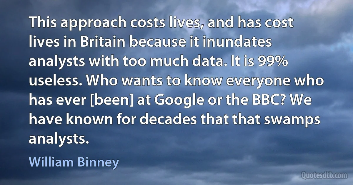 This approach costs lives, and has cost lives in Britain because it inundates analysts with too much data. It is 99% useless. Who wants to know everyone who has ever [been] at Google or the BBC? We have known for decades that that swamps analysts. (William Binney)