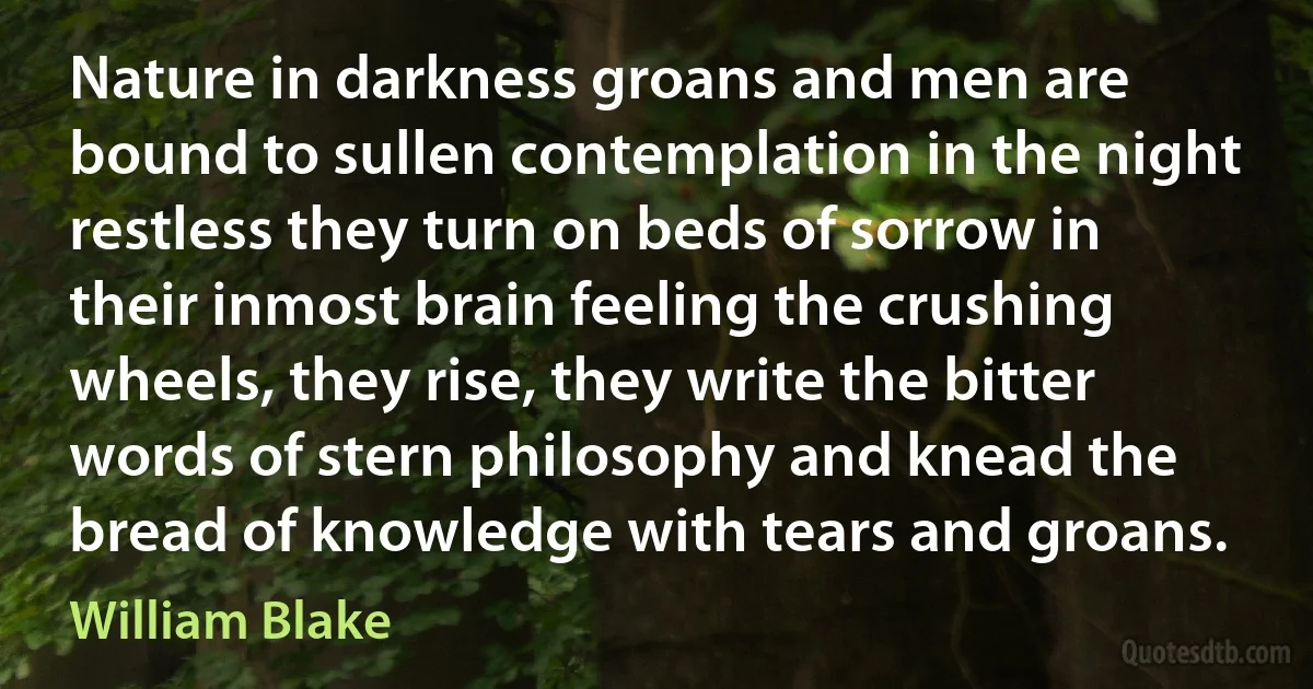 Nature in darkness groans and men are bound to sullen contemplation in the night restless they turn on beds of sorrow in their inmost brain feeling the crushing wheels, they rise, they write the bitter words of stern philosophy and knead the bread of knowledge with tears and groans. (William Blake)