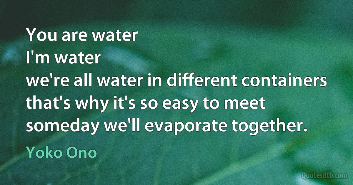 You are water
I'm water
we're all water in different containers
that's why it's so easy to meet
someday we'll evaporate together. (Yoko Ono)