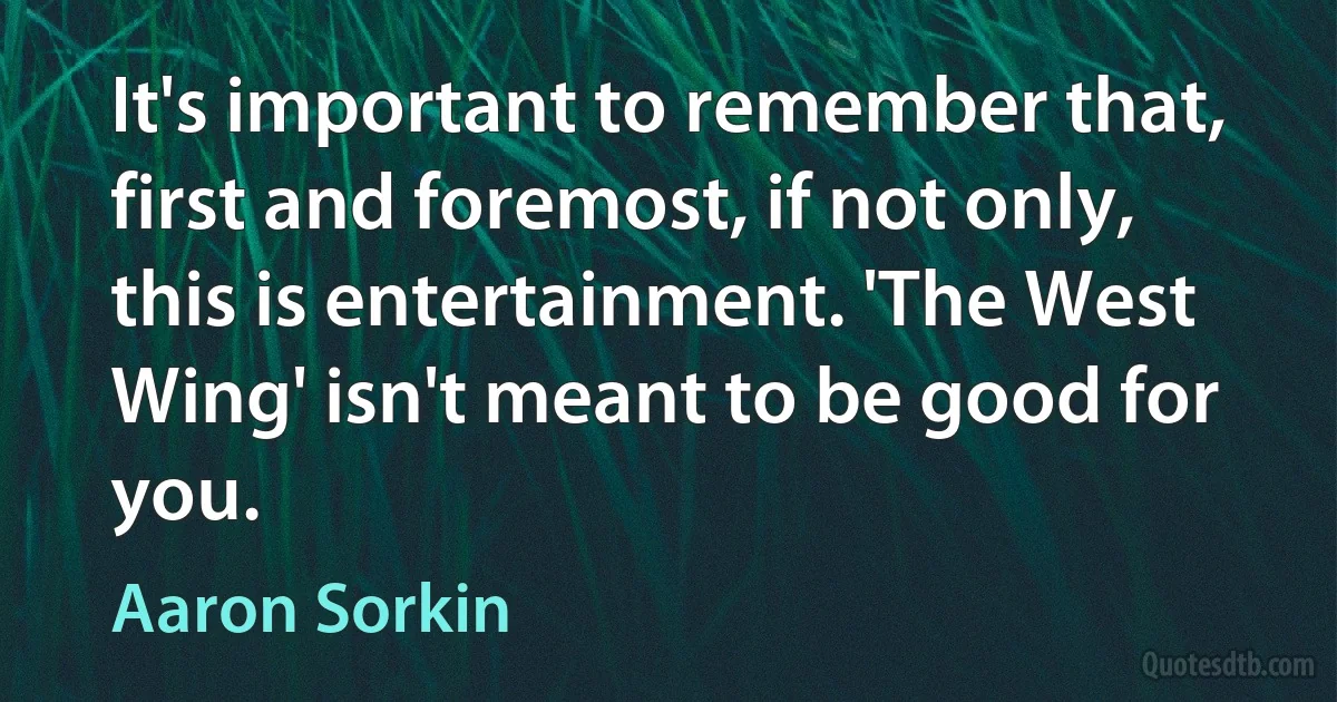 It's important to remember that, first and foremost, if not only, this is entertainment. 'The West Wing' isn't meant to be good for you. (Aaron Sorkin)