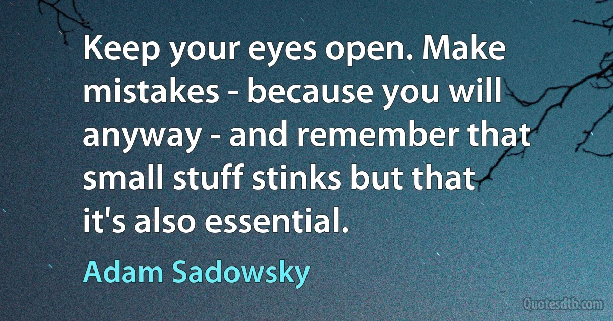 Keep your eyes open. Make mistakes - because you will anyway - and remember that small stuff stinks but that it's also essential. (Adam Sadowsky)