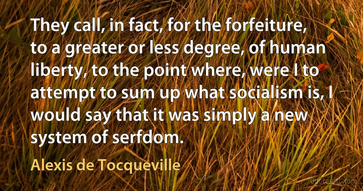 They call, in fact, for the forfeiture, to a greater or less degree, of human liberty, to the point where, were I to attempt to sum up what socialism is, I would say that it was simply a new system of serfdom. (Alexis de Tocqueville)