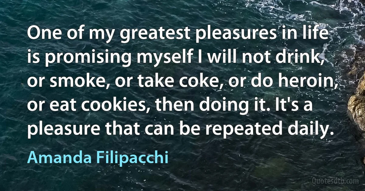 One of my greatest pleasures in life is promising myself I will not drink, or smoke, or take coke, or do heroin, or eat cookies, then doing it. It's a pleasure that can be repeated daily. (Amanda Filipacchi)