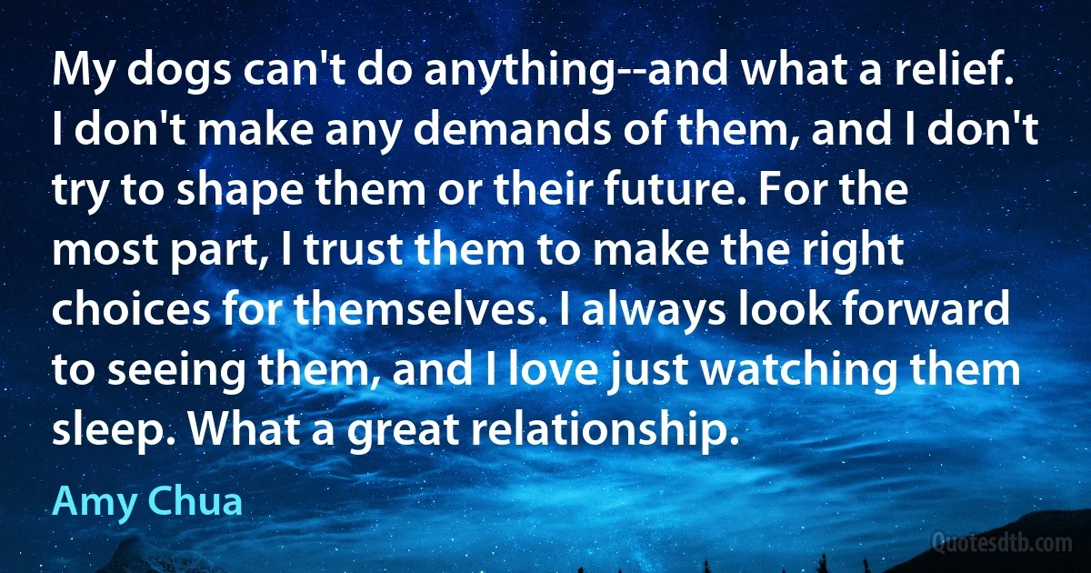 My dogs can't do anything--and what a relief. I don't make any demands of them, and I don't try to shape them or their future. For the most part, I trust them to make the right choices for themselves. I always look forward to seeing them, and I love just watching them sleep. What a great relationship. (Amy Chua)