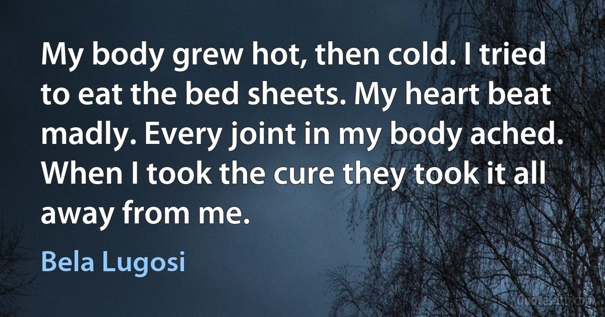 My body grew hot, then cold. I tried to eat the bed sheets. My heart beat madly. Every joint in my body ached. When I took the cure they took it all away from me. (Bela Lugosi)