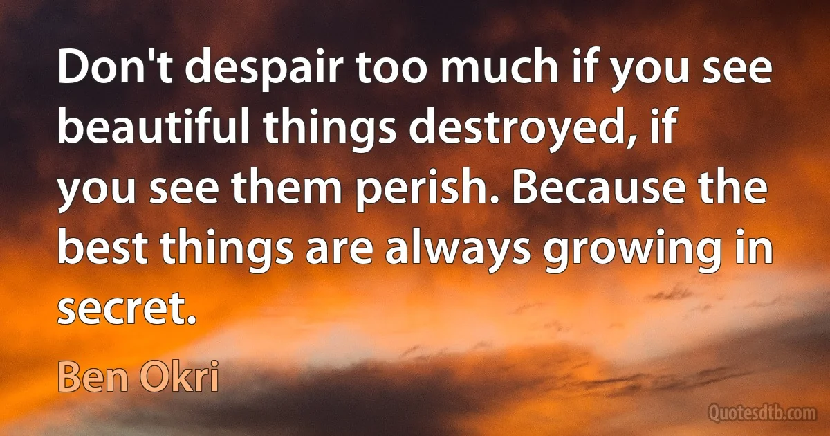 Don't despair too much if you see beautiful things destroyed, if you see them perish. Because the best things are always growing in secret. (Ben Okri)