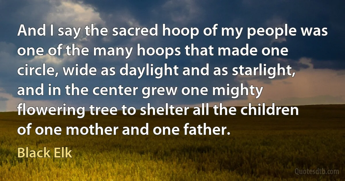 And I say the sacred hoop of my people was one of the many hoops that made one circle, wide as daylight and as starlight, and in the center grew one mighty flowering tree to shelter all the children of one mother and one father. (Black Elk)