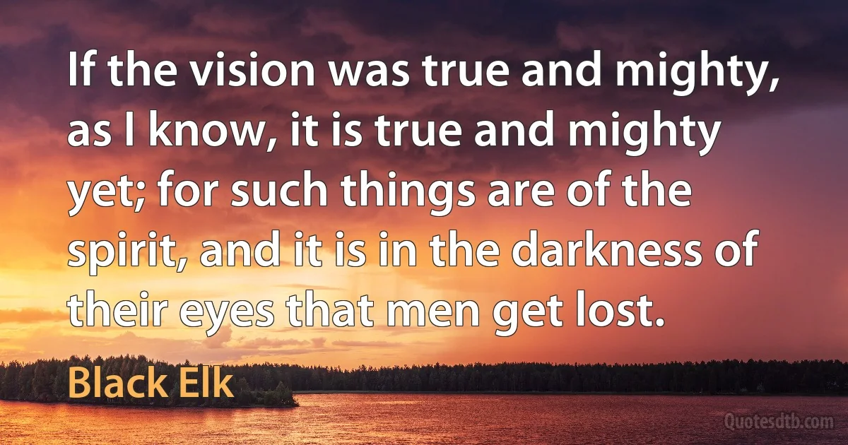 If the vision was true and mighty, as I know, it is true and mighty yet; for such things are of the spirit, and it is in the darkness of their eyes that men get lost. (Black Elk)