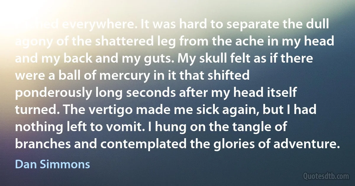 I ached everywhere. It was hard to separate the dull agony of the shattered leg from the ache in my head and my back and my guts. My skull felt as if there were a ball of mercury in it that shifted ponderously long seconds after my head itself turned. The vertigo made me sick again, but I had nothing left to vomit. I hung on the tangle of branches and contemplated the glories of adventure. (Dan Simmons)