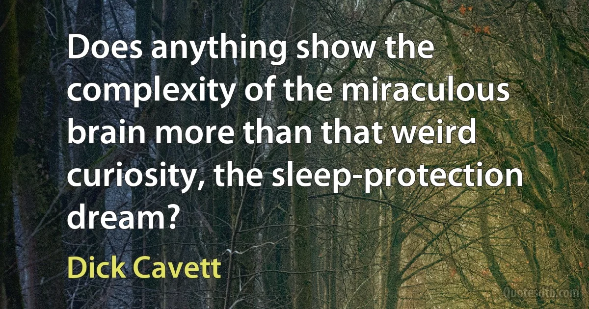 Does anything show the complexity of the miraculous brain more than that weird curiosity, the sleep-protection dream? (Dick Cavett)