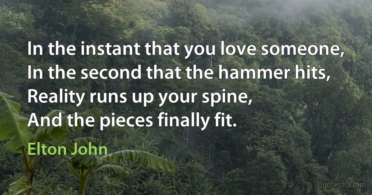 In the instant that you love someone,
In the second that the hammer hits,
Reality runs up your spine,
And the pieces finally fit. (Elton John)