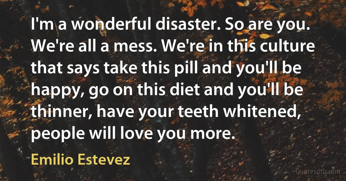 I'm a wonderful disaster. So are you. We're all a mess. We're in this culture that says take this pill and you'll be happy, go on this diet and you'll be thinner, have your teeth whitened, people will love you more. (Emilio Estevez)