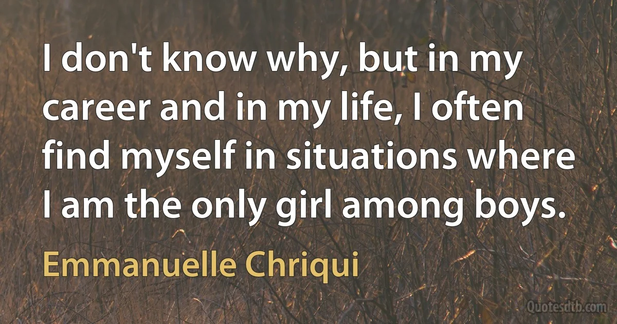 I don't know why, but in my career and in my life, I often find myself in situations where I am the only girl among boys. (Emmanuelle Chriqui)