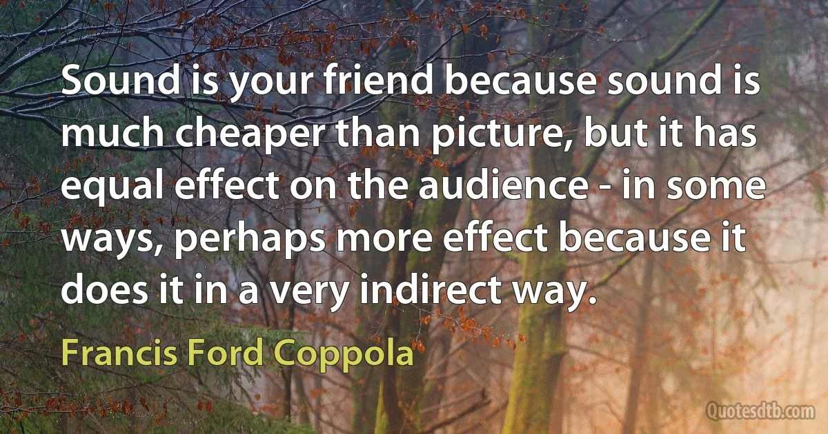 Sound is your friend because sound is much cheaper than picture, but it has equal effect on the audience - in some ways, perhaps more effect because it does it in a very indirect way. (Francis Ford Coppola)