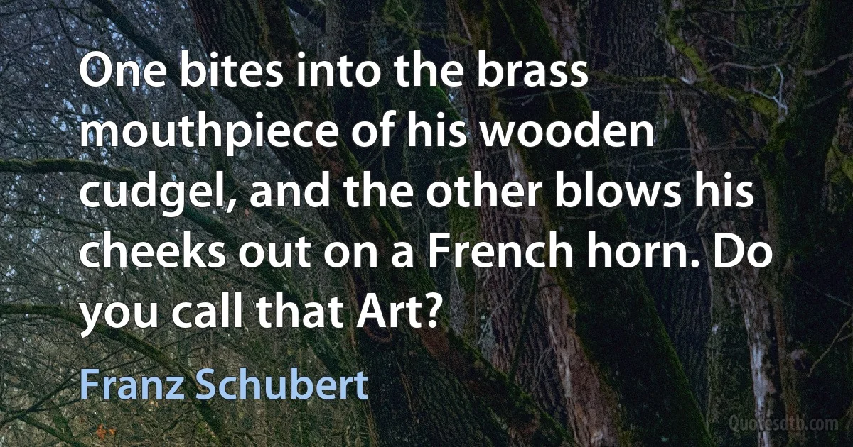 One bites into the brass mouthpiece of his wooden cudgel, and the other blows his cheeks out on a French horn. Do you call that Art? (Franz Schubert)