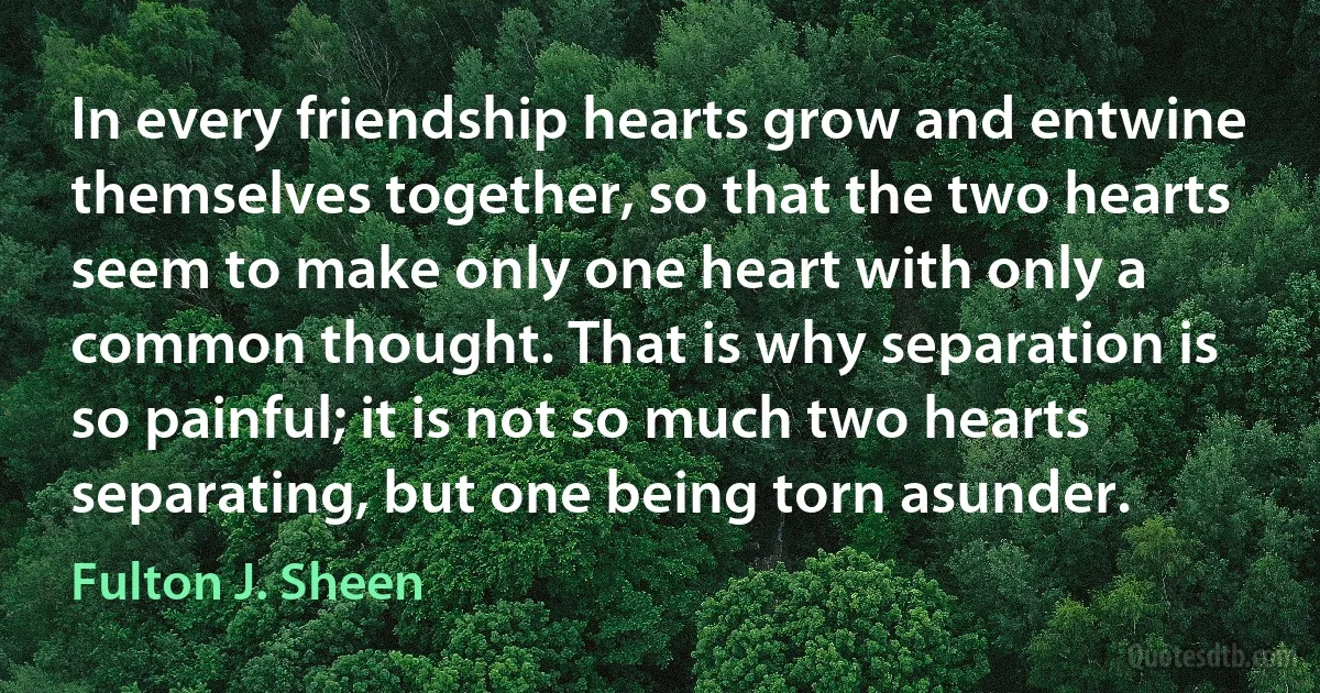 In every friendship hearts grow and entwine themselves together, so that the two hearts seem to make only one heart with only a common thought. That is why separation is so painful; it is not so much two hearts separating, but one being torn asunder. (Fulton J. Sheen)