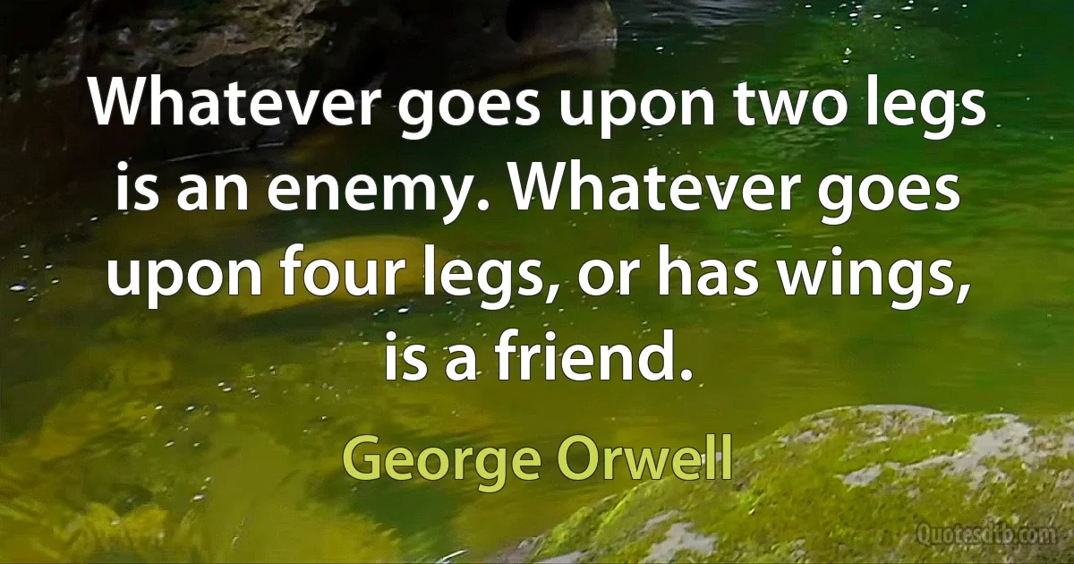 Whatever goes upon two legs is an enemy. Whatever goes upon four legs, or has wings, is a friend. (George Orwell)