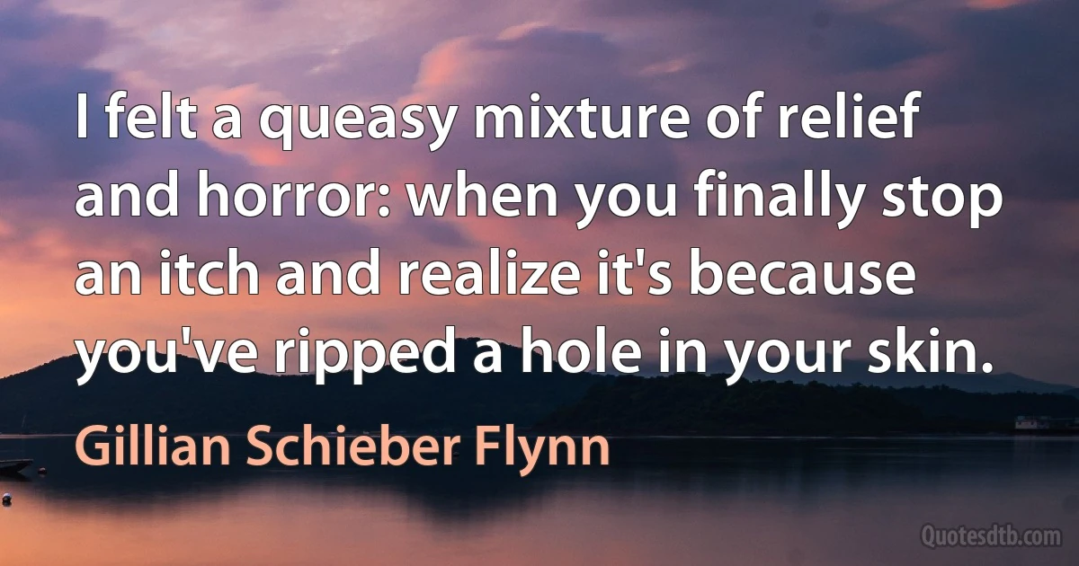 I felt a queasy mixture of relief and horror: when you finally stop an itch and realize it's because you've ripped a hole in your skin. (Gillian Schieber Flynn)