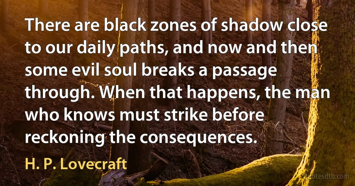 There are black zones of shadow close to our daily paths, and now and then some evil soul breaks a passage through. When that happens, the man who knows must strike before reckoning the consequences. (H. P. Lovecraft)