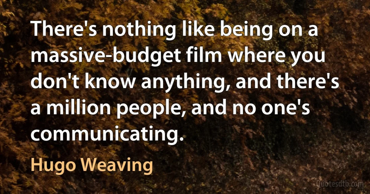 There's nothing like being on a massive-budget film where you don't know anything, and there's a million people, and no one's communicating. (Hugo Weaving)