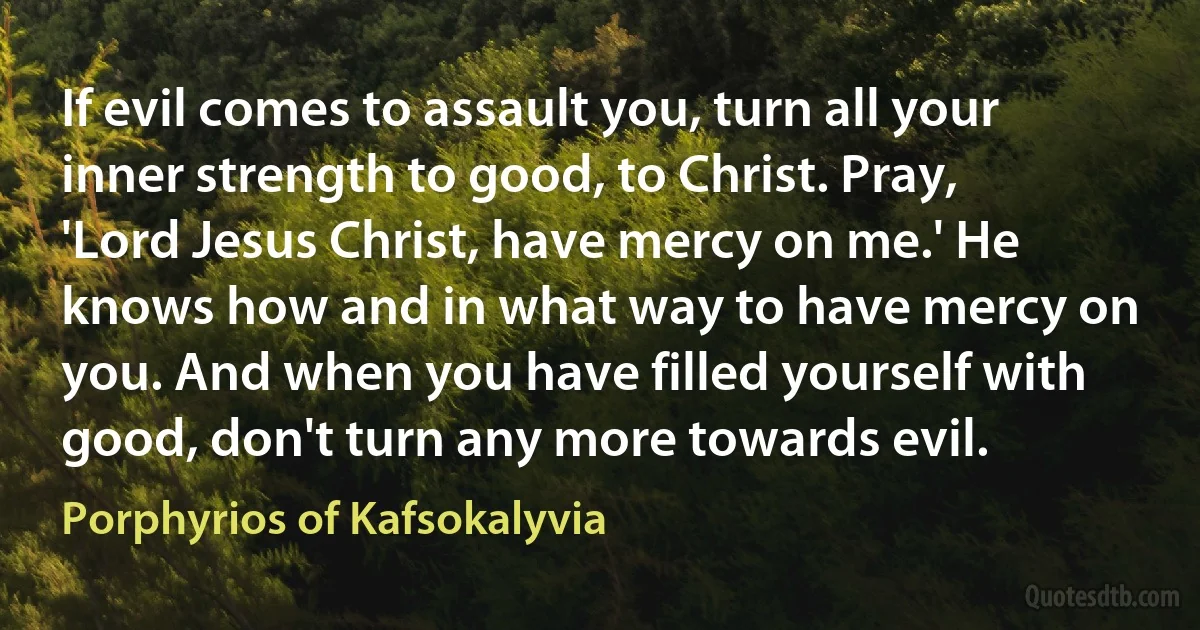 If evil comes to assault you, turn all your inner strength to good, to Christ. Pray, 'Lord Jesus Christ, have mercy on me.' He knows how and in what way to have mercy on you. And when you have filled yourself with good, don't turn any more towards evil. (Porphyrios of Kafsokalyvia)
