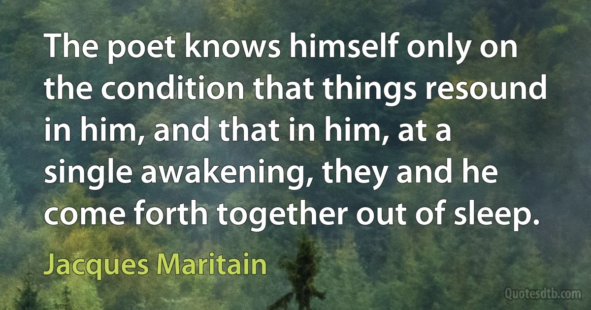 The poet knows himself only on the condition that things resound in him, and that in him, at a single awakening, they and he come forth together out of sleep. (Jacques Maritain)