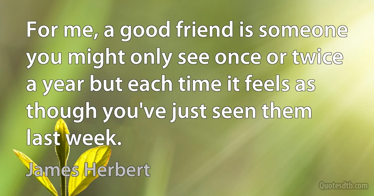 For me, a good friend is someone you might only see once or twice a year but each time it feels as though you've just seen them last week. (James Herbert)