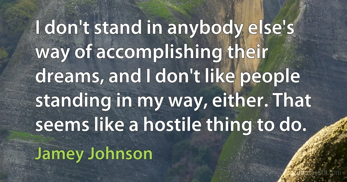 I don't stand in anybody else's way of accomplishing their dreams, and I don't like people standing in my way, either. That seems like a hostile thing to do. (Jamey Johnson)