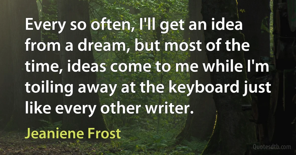 Every so often, I'll get an idea from a dream, but most of the time, ideas come to me while I'm toiling away at the keyboard just like every other writer. (Jeaniene Frost)