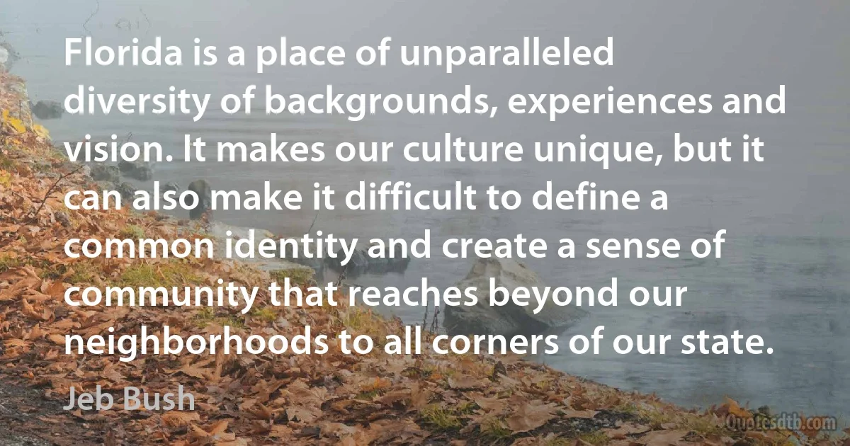 Florida is a place of unparalleled diversity of backgrounds, experiences and vision. It makes our culture unique, but it can also make it difficult to define a common identity and create a sense of community that reaches beyond our neighborhoods to all corners of our state. (Jeb Bush)