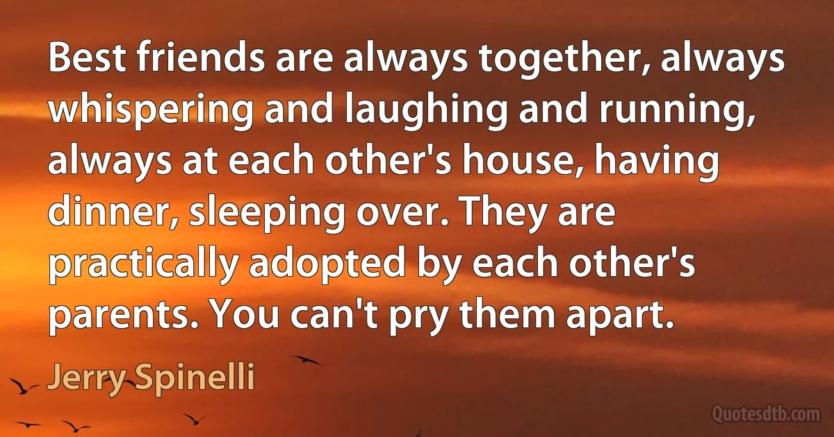 Best friends are always together, always whispering and laughing and running, always at each other's house, having dinner, sleeping over. They are practically adopted by each other's parents. You can't pry them apart. (Jerry Spinelli)