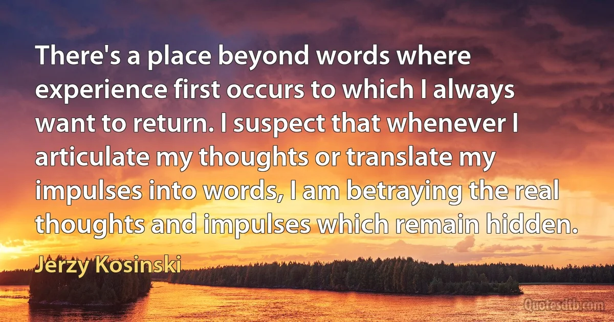 There's a place beyond words where experience first occurs to which I always want to return. I suspect that whenever I articulate my thoughts or translate my impulses into words, I am betraying the real thoughts and impulses which remain hidden. (Jerzy Kosinski)